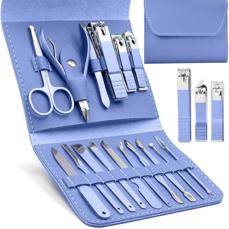 Manicure Set, Manicure & Pedicure Set 16 Pcs, Professional Grooming Kit for Men & Women, Stainless Steel Fingernail & Toenail Cutter, Ideal for Nails, Brows and Ears, Modern Design (Blue)