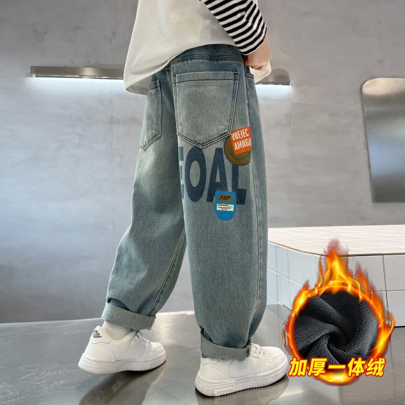Boys' Pants Arrival Big Kids' Duffy Handsome Boys Children'S Spring Fleece-Lined Thick Jeans - Image 1