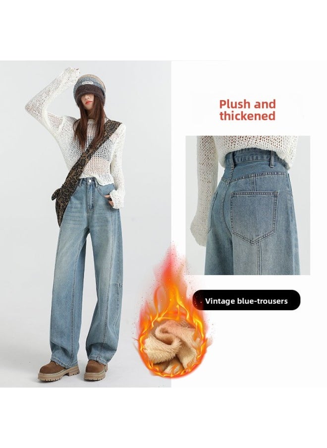 Generic Vintage Wide Leg Jeans Women's 2024 Autumn And Winter Mopping High Waist Straight Slimming Loose Sickle Pants Fleece-lined 