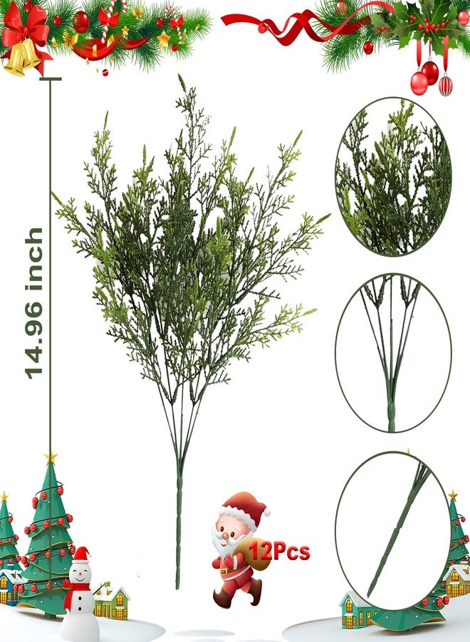 Yoratee Artificial Outdoor Plants 12 PCS Fake Cedar Plants Plastic Faux Pinetree Stems Greenery Shrubs UV Resistant Colorfast Indoor Outdoor Christmas Home Decor for Windowbox Garden Porch Path - Image 3