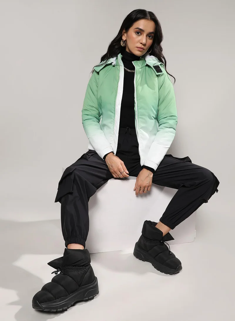 Campus Sutra Women's Pistachio Green & Chalk White Ombre Puffer Jacket