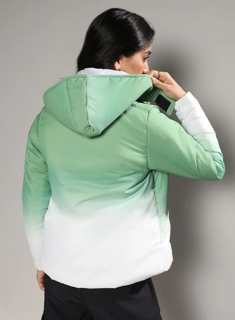 Campus Sutra Women's Pistachio Green & Chalk White Ombre Puffer Jacket