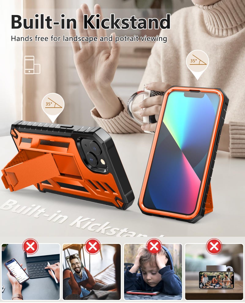 SOiOS for iPhone 13/14/15 Phone Case: for iPhone 16e Protective Cover with Built-in Kickstand | Heavy Duty Military Grade Hard Protection Shock Proof | Durable Dual-Layer Design Orange - Image 2