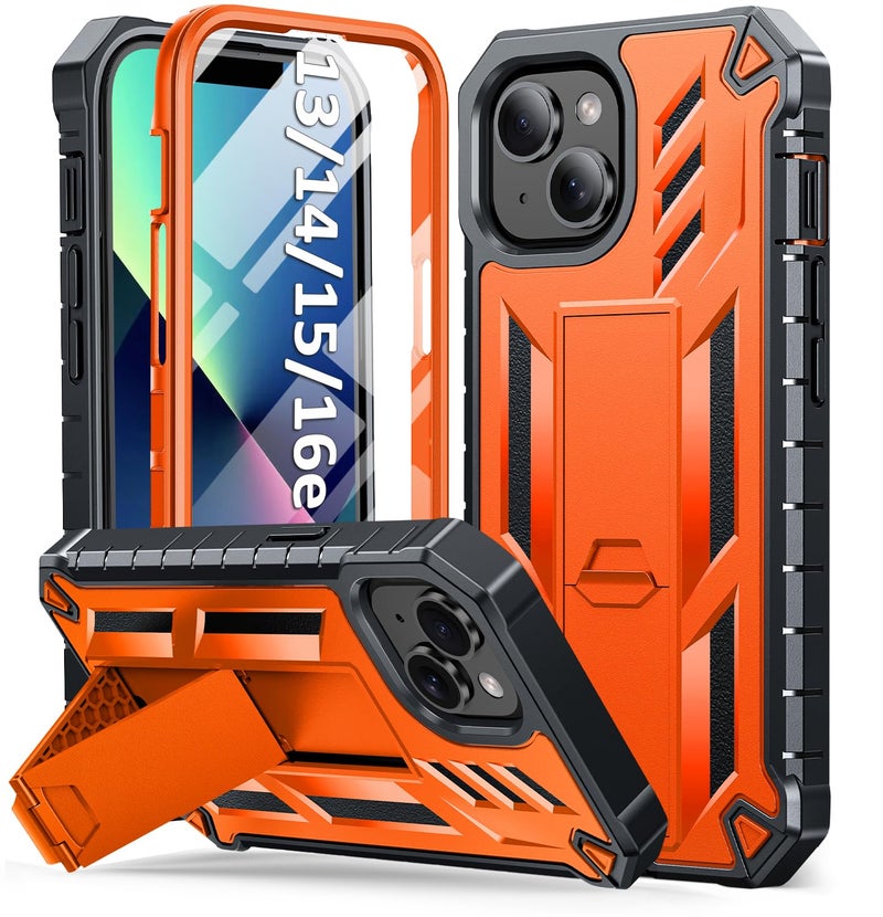 SOiOS for iPhone 13/14/15 Phone Case: for iPhone 16e Protective Cover with Built-in Kickstand | Heavy Duty Military Grade Hard Protection Shock Proof | Durable Dual-Layer Design Orange - Image 1