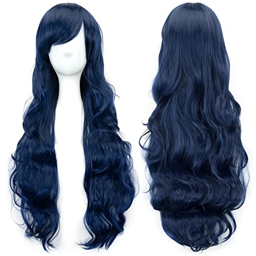 IMISSU 80cm Long Curly Natural Hair Cosplay Wig with Bangs Colorful Halloween Costume Party Wigs for Women (Dark Blue) - Image 1
