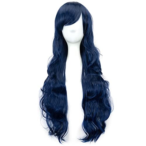 IMISSU 80cm Long Curly Natural Hair Cosplay Wig with Bangs Colorful Halloween Costume Party Wigs for Women (Dark Blue) - Image 2
