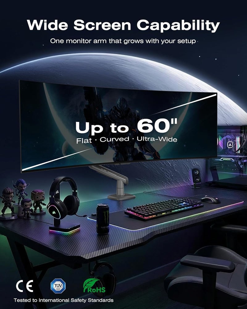 NB ERGONOMIC Heavy Duty Gaming Monitor Arm for Flat/Ultrawide/Curved Monitors 32 to 60 inch, Heavy Duty Monitor Stand Load up to 20 kg, VESA 75/100 mm Mount (Grey Black) F5-G - Image 2