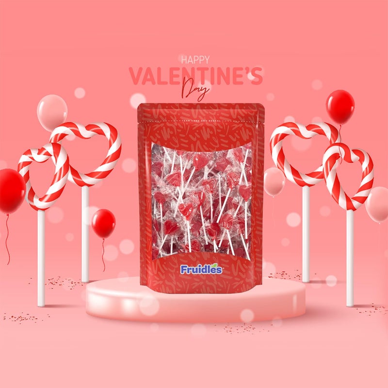Fruidles 60 Lollipops Mini Red Heart Shaped Strawberry Flavored Individually Wrapped, 5g 60 Lollipops 1 Pound - Image 2