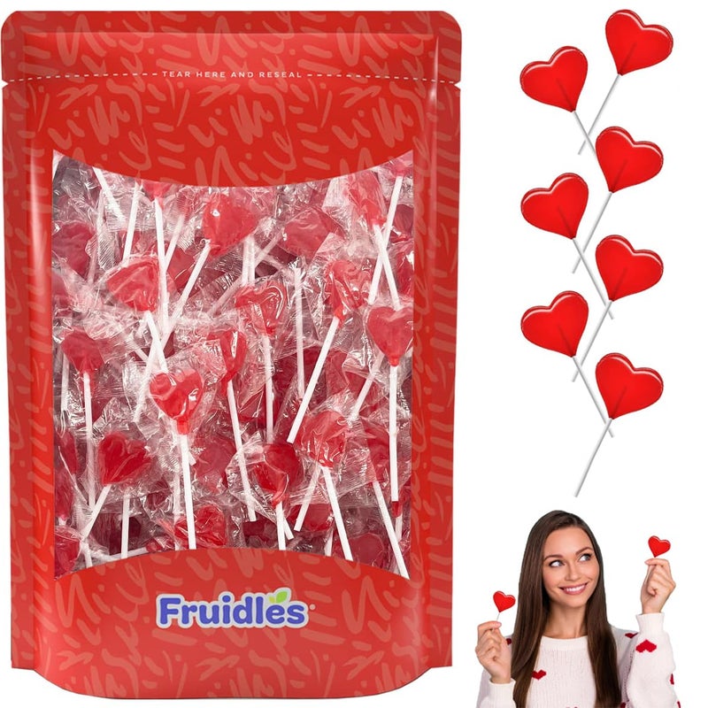Fruidles 60 Lollipops Mini Red Heart Shaped Strawberry Flavored Individually Wrapped, 5g 60 Lollipops 1 Pound - Image 1