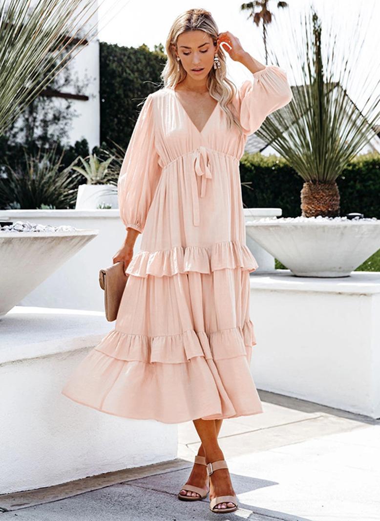 فرايديين لطيف طوق على شكل V اللون الصامد الربط قوس مكشكش كم الفانوس فساتين ميد خوخي - Image 4