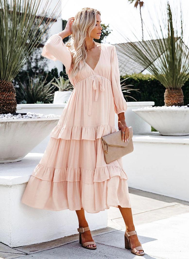 فرايديين لطيف طوق على شكل V اللون الصامد الربط قوس مكشكش كم الفانوس فساتين ميد خوخي - Image 1