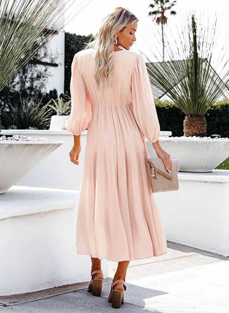 فرايديين لطيف طوق على شكل V اللون الصامد الربط قوس مكشكش كم الفانوس فساتين ميد خوخي - Image 2