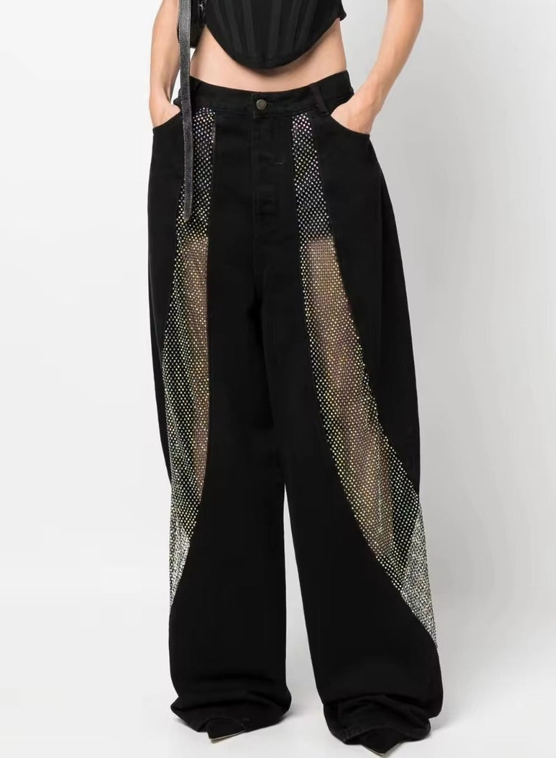 ZAGHOU Patchwork See-Through Hollow Mesh Decor Straight Jeans - Image 4