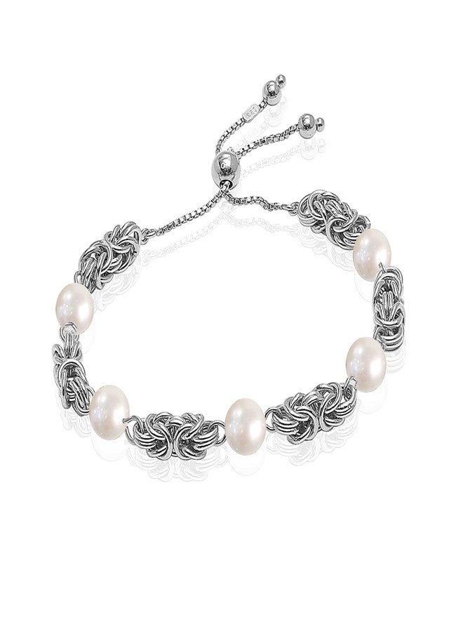 LeCalla 925 Sterling Silver Byzantine Bracelet Jewelry Italian Rhodium Plated Simulated Pearl Beaded Sliding Bolo Bracelet for Women - Image 1