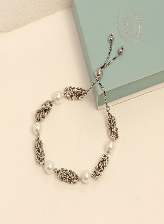 LeCalla 925 Sterling Silver Byzantine Bracelet Jewelry Italian Rhodium Plated Simulated Pearl Beaded Sliding Bolo Bracelet for Women - Image 5