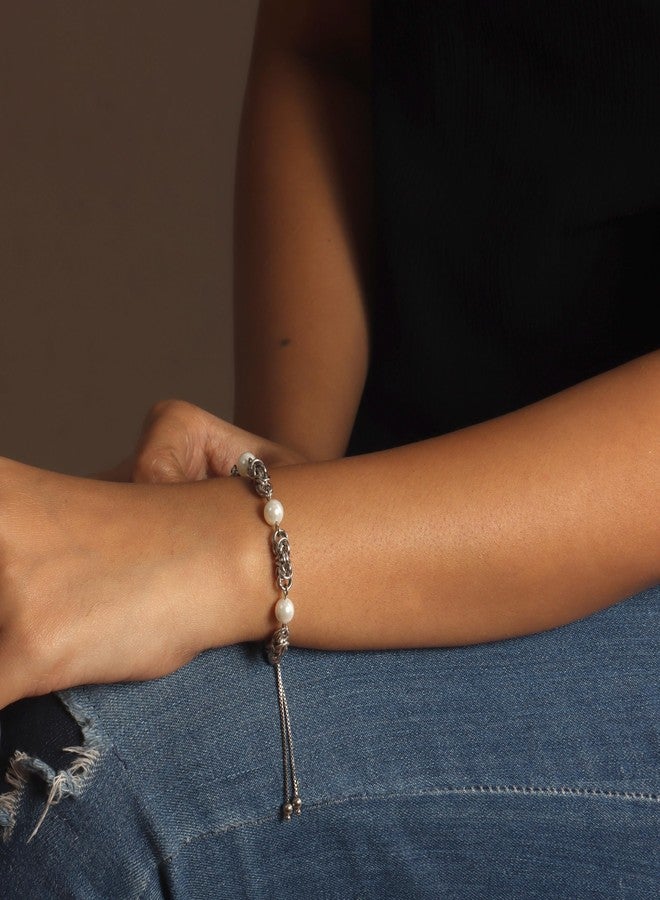 LeCalla 925 Sterling Silver Byzantine Bracelet Jewelry Italian Rhodium Plated Simulated Pearl Beaded Sliding Bolo Bracelet for Women - Image 3