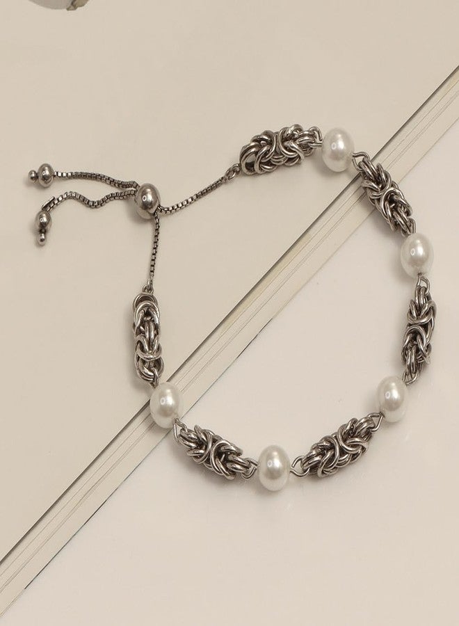 LeCalla 925 Sterling Silver Byzantine Bracelet Jewelry Italian Rhodium Plated Simulated Pearl Beaded Sliding Bolo Bracelet for Women - Image 4