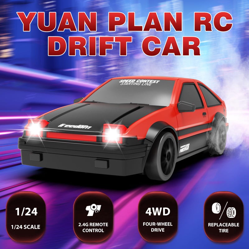 YUAN PLAN RC Drift Car, 1:24 Remote Control Cars 2.4GHz 4WD High Speed Drift RC Cars with LED Light and Dritfing Tires Racing Hobby Toy Car for Boys Girls Kids Adults (Red) - Image 2