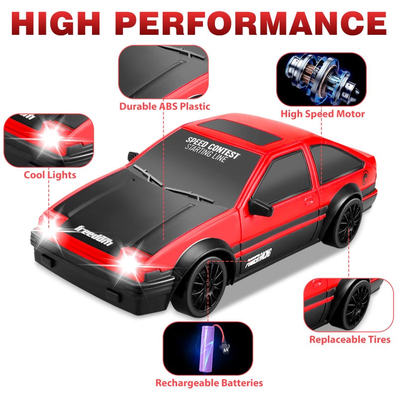 YUAN PLAN RC Drift Car, 1:24 Remote Control Cars 2.4GHz 4WD High Speed Drift RC Cars with LED Light and Dritfing Tires Racing Hobby Toy Car for Boys Girls Kids Adults (Red) - Image 3