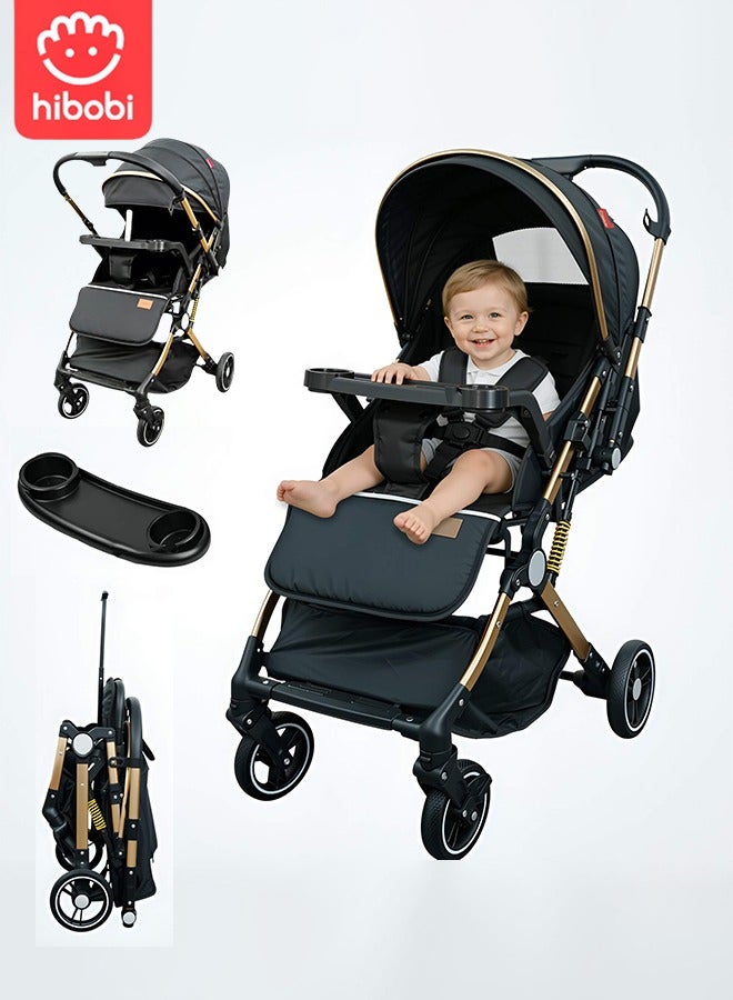 hibobi Luxury Two-Way Travel Stroller – High View, One-Hand Fold, Large Canopy, Convertible Dining Tray & Handle, Mosquito Net & Cup Holder | 0-4 Years - Image 1