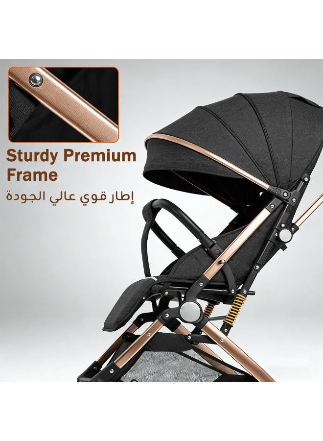 hibobi Luxury Two-Way Travel Stroller – High View, One-Hand Fold, Large Canopy, Convertible Dining Tray & Handle, Mosquito Net & Cup Holder | 0-4 Years - Image 3