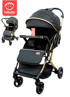 hibobi Luxury Two-Way Travel Stroller – High View, One-Hand Fold, Large Canopy, Convertible Dining Tray & Handle, Mosquito Net & Cup Holder | 0-4 Years 