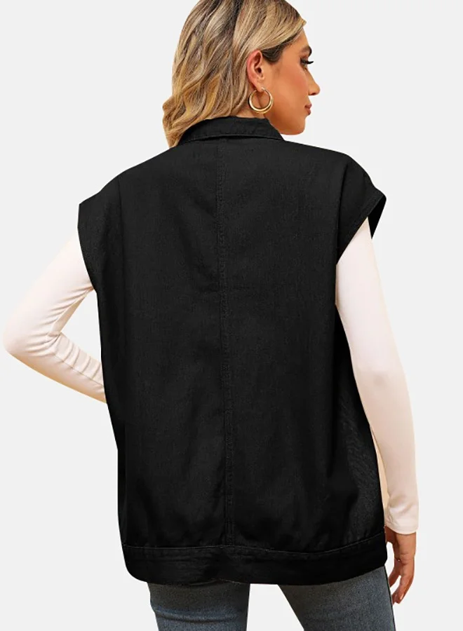 يونيكي Black Collared Sleeveless Denim Jacket