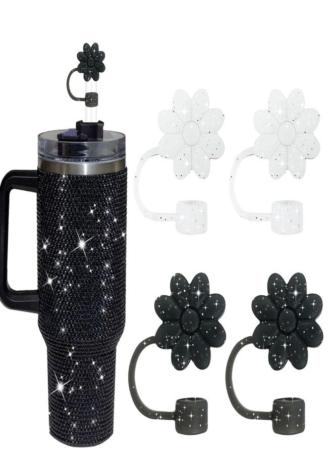 SEMATA Flower Straw Covers Toppers for Stanley Cups 30&40 Oz Tumbler w ith Handle Accessories 4PCS Silicone Straw Caps Reusable Straws Protectors for Stanley Cup 10mm 0.4in Straws White Black - Image 1