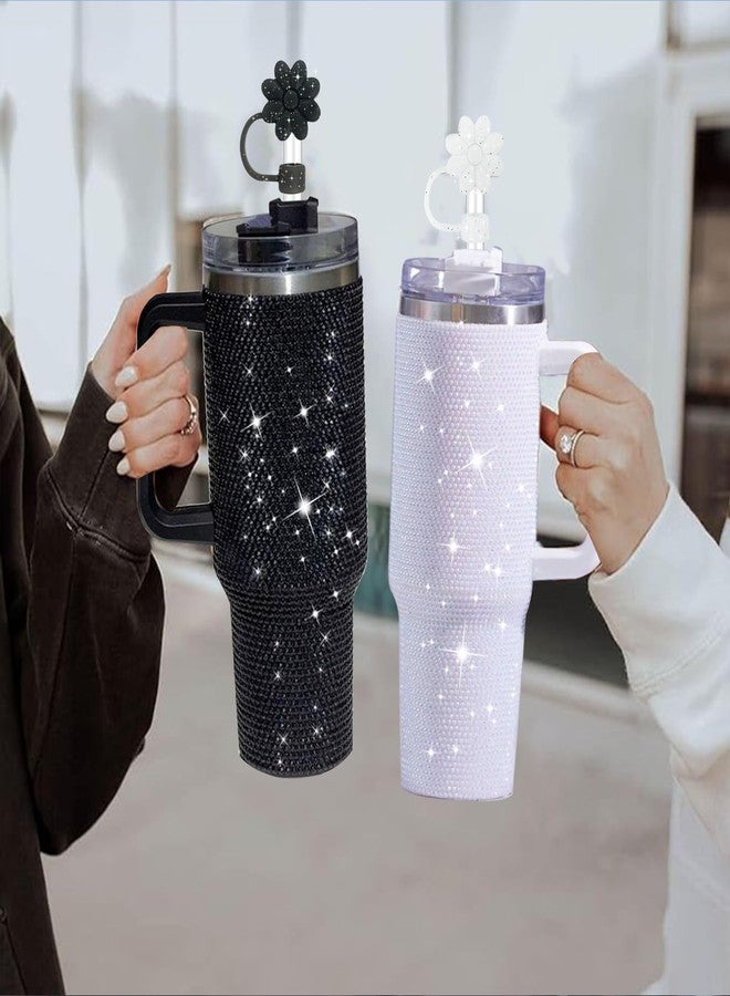 SEMATA Flower Straw Covers Toppers for Stanley Cups 30&40 Oz Tumbler w ith Handle Accessories 4PCS Silicone Straw Caps Reusable Straws Protectors for Stanley Cup 10mm 0.4in Straws White Black - Image 5