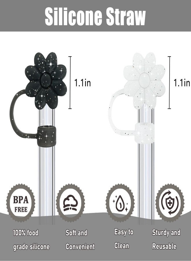 SEMATA Flower Straw Covers Toppers for Stanley Cups 30&40 Oz Tumbler w ith Handle Accessories 4PCS Silicone Straw Caps Reusable Straws Protectors for Stanley Cup 10mm 0.4in Straws White Black - Image 2