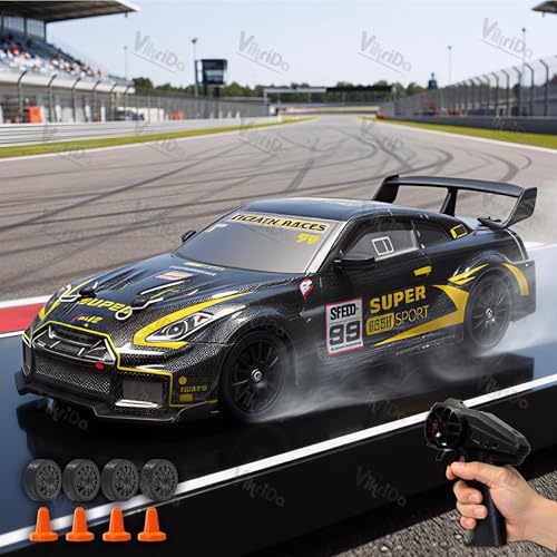 VikriDA 1:24 Scale RC Drift Car - 4WD High-Speed RC Racing Car with LED Lights, 2.4GHz Controller, Rechargeable Batteries & Drifting Tires - Black & Yellow - Image 2