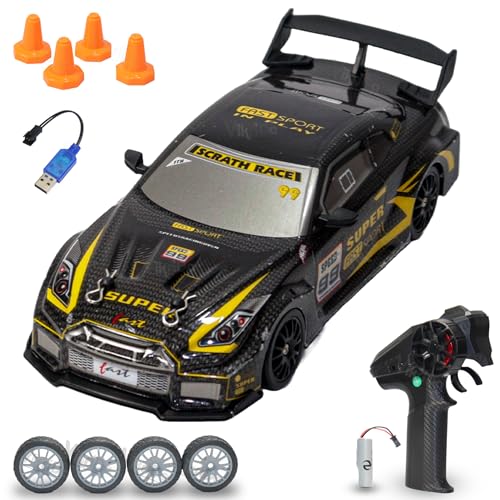 VikriDA 1:24 Scale RC Drift Car - 4WD High-Speed RC Racing Car with LED Lights, 2.4GHz Controller, Rechargeable Batteries & Drifting Tires - Black & Yellow - Image 1