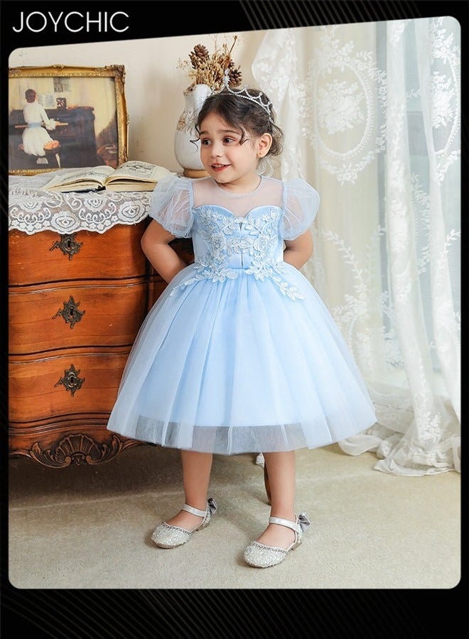 Joychic Puff Sleeve Tulle Dress for Girls Summer Comfort and Breathable Puffy Princess Dress Blue - Image 1