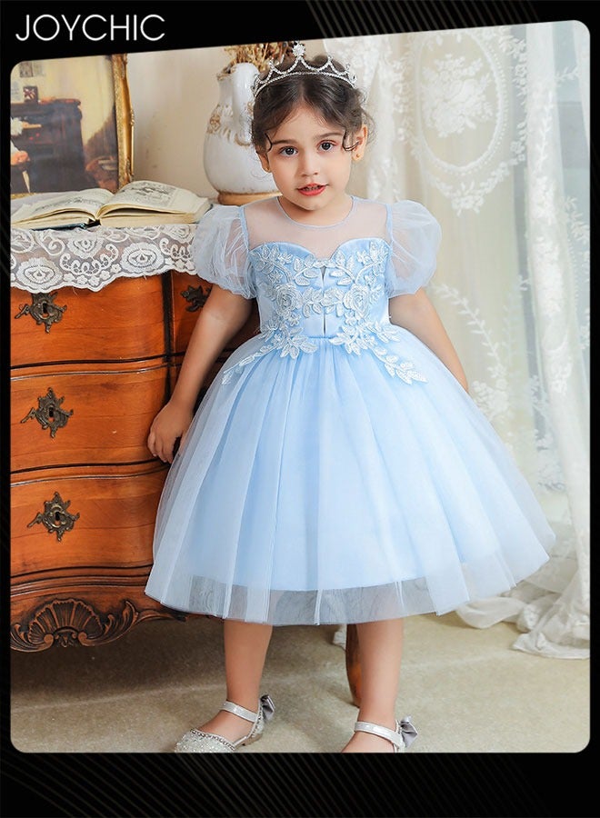 Joychic Puff Sleeve Tulle Dress for Girls Summer Comfort and Breathable Puffy Princess Dress Blue - Image 2