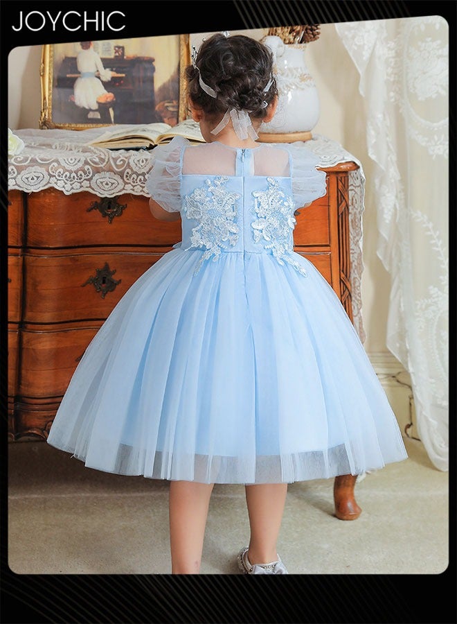 Joychic Puff Sleeve Tulle Dress for Girls Summer Comfort and Breathable Puffy Princess Dress Blue - Image 4