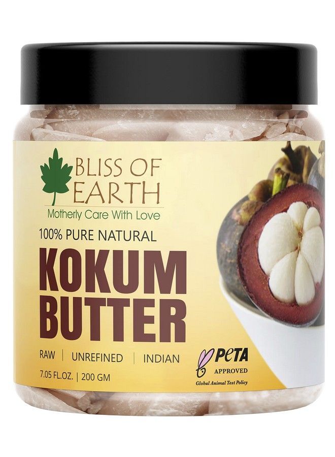 BLISS OF EARTH 100% Pure Natural Kokum Butter Raw ; Unrefined ; Indian Great For Moisturized Skinnourishing Hair Stretch Mark Diy Product Peta Approved 200Gm - Image 1