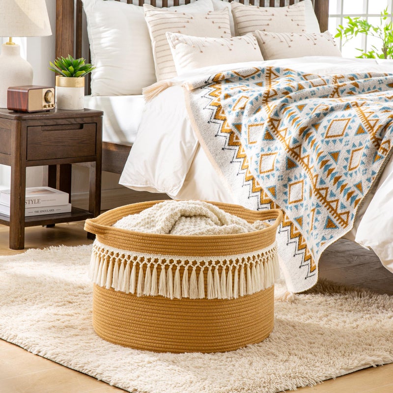 KAKAMAY Large Blanket Basket (20"x13"),Woven Baskets for storage Baby Laundry Hamper, Cotton Rope Blanket Basket for Living Room, Laundry, Nursery, Pillows, Baby Toy chest (Brown Fringe) - Image 2