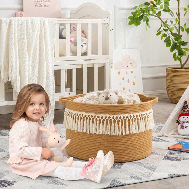 KAKAMAY Large Blanket Basket (20"x13"),Woven Baskets for storage Baby Laundry Hamper, Cotton Rope Blanket Basket for Living Room, Laundry, Nursery, Pillows, Baby Toy chest (Brown Fringe) - Image 5