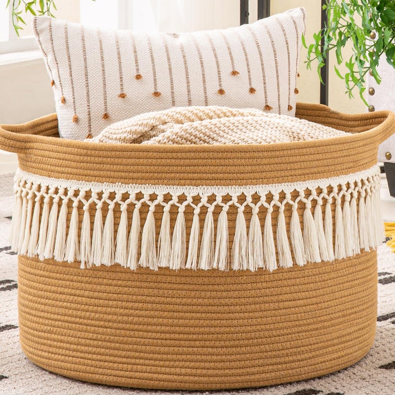 KAKAMAY Large Blanket Basket (20"x13"),Woven Baskets for storage Baby Laundry Hamper, Cotton Rope Blanket Basket for Living Room, Laundry, Nursery, Pillows, Baby Toy chest (Brown Fringe) - Image 1