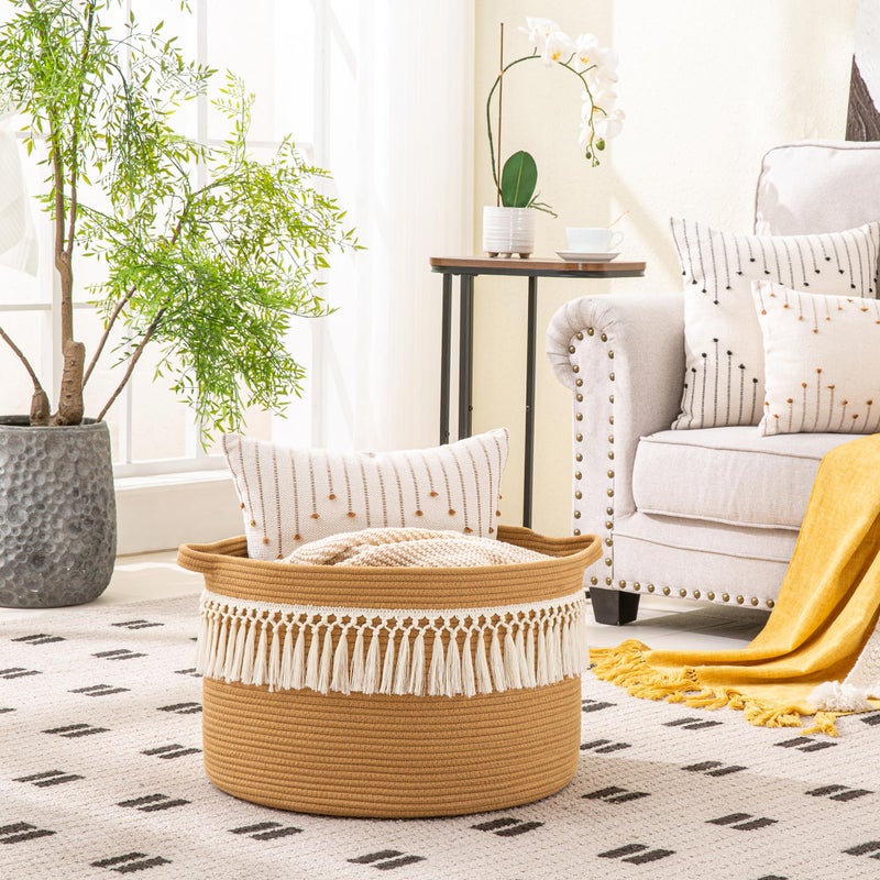 KAKAMAY Large Blanket Basket (20"x13"),Woven Baskets for storage Baby Laundry Hamper, Cotton Rope Blanket Basket for Living Room, Laundry, Nursery, Pillows, Baby Toy chest (Brown Fringe) - Image 3