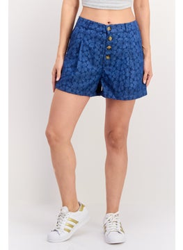 Women Eyelet Basic Shorts, Indigo Blue