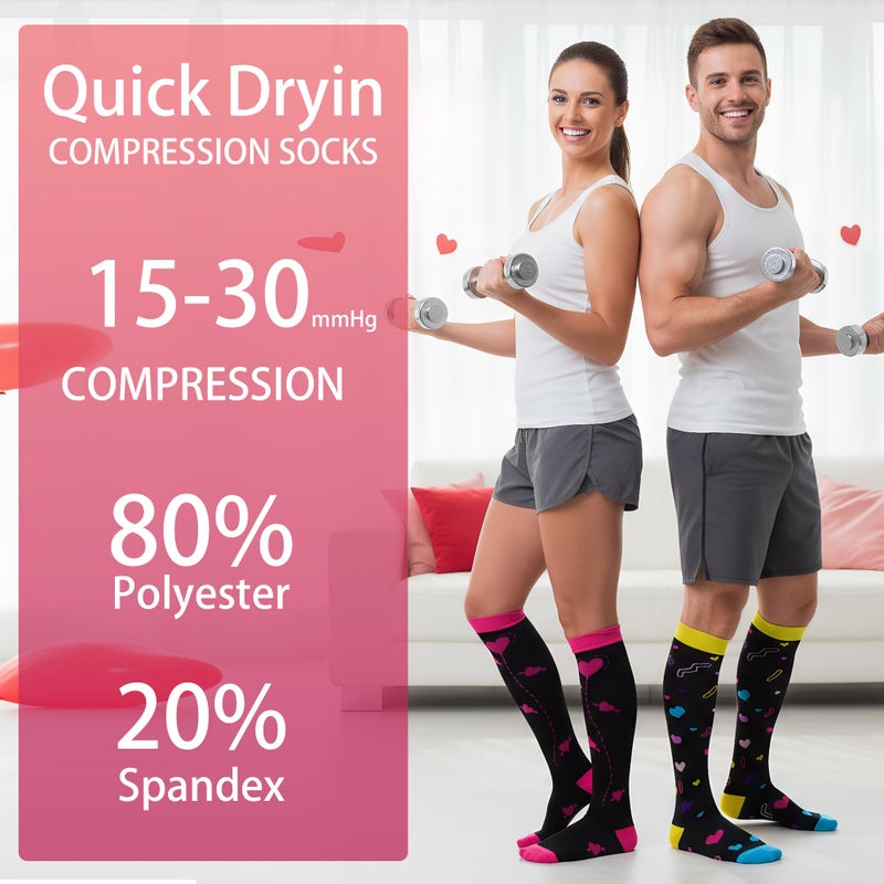 cnomg Women Compression Socks Knee High Heart 15-30 mmHg 4 Pairs Valentine Compression Socks Graduated for Running Athletic Nurses Work Support Travel Flight Sports - Image 4
