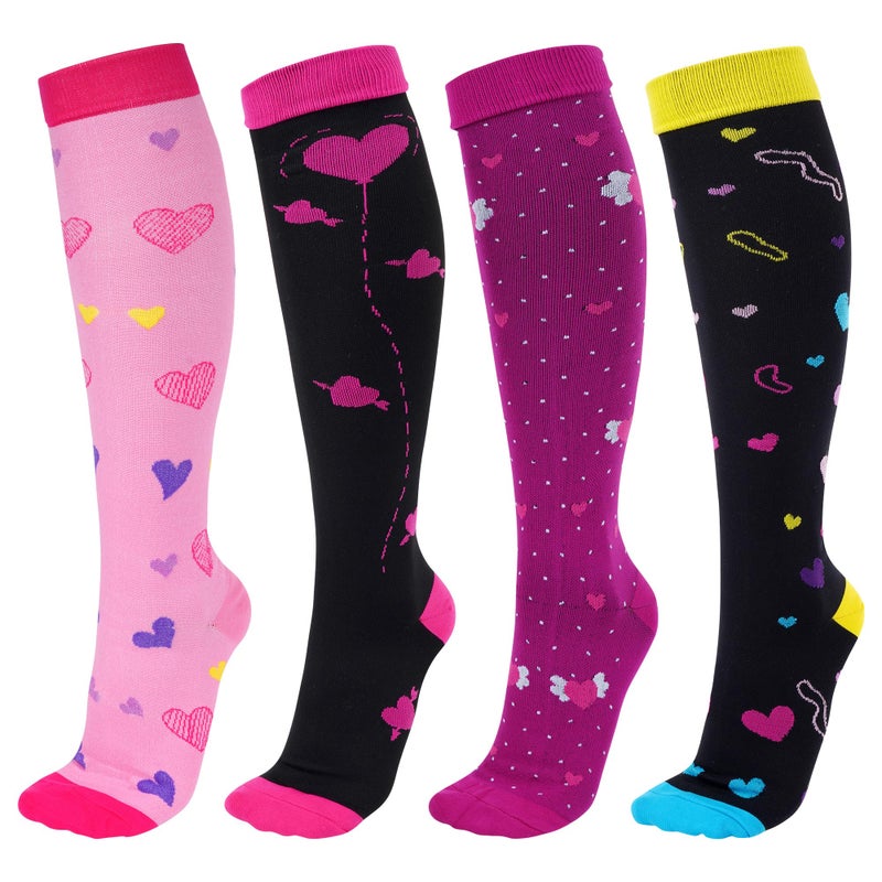 cnomg Women Compression Socks Knee High Heart 15-30 mmHg 4 Pairs Valentine Compression Socks Graduated for Running Athletic Nurses Work Support Travel Flight Sports - Image 1