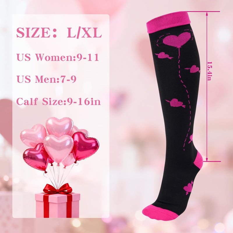 cnomg Women Compression Socks Knee High Heart 15-30 mmHg 4 Pairs Valentine Compression Socks Graduated for Running Athletic Nurses Work Support Travel Flight Sports - Image 5