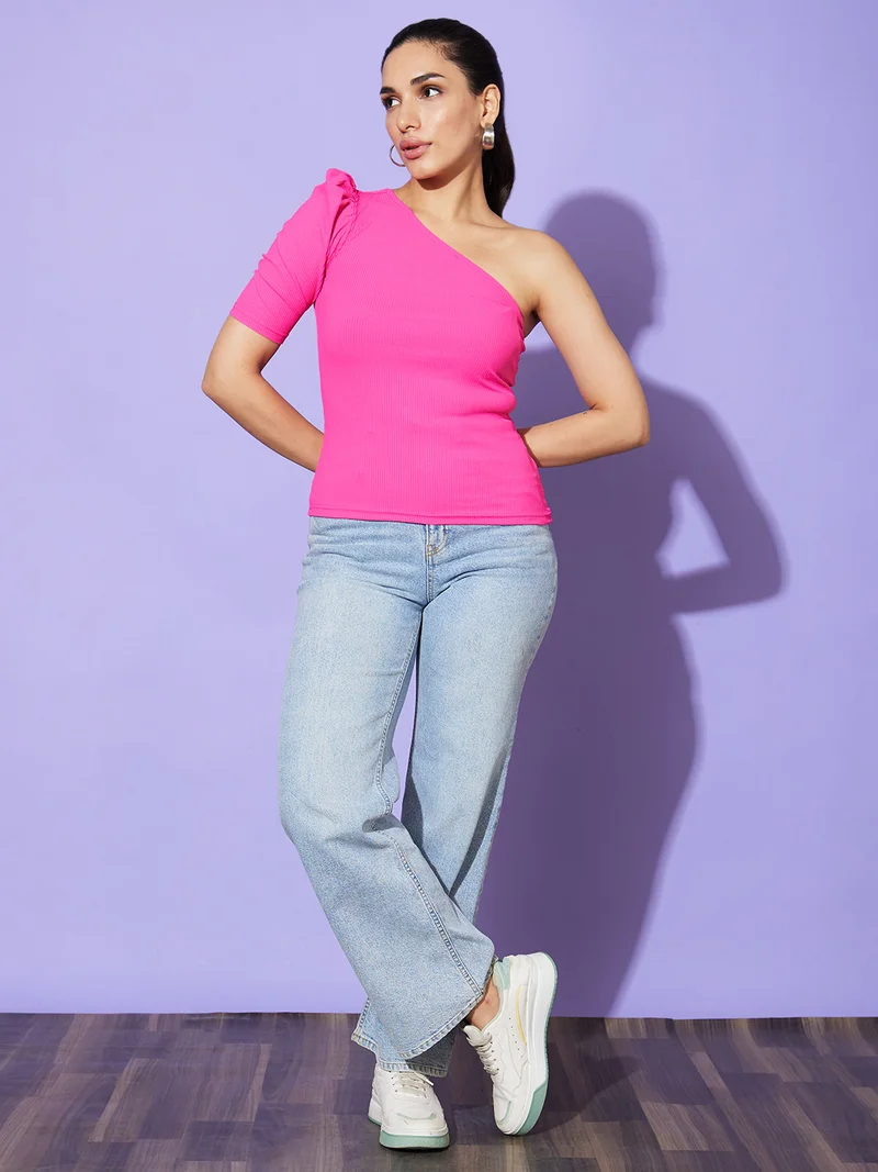 globus Women Pink One Shoulder Puff Sleeve Cotton Top