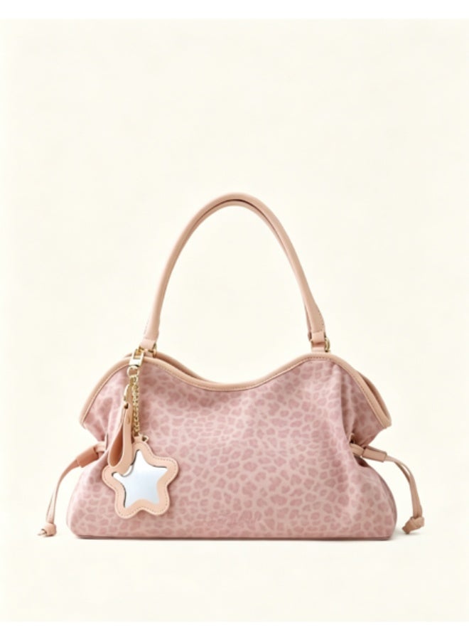 BubbleBum Badblue Pink Leopard Print Halfmoon Bag for Women – Cute Star Charm Shoulder Purse for Brunch, Date & Campus, Soft Suede Medium Tote with Top Handle - Image 1