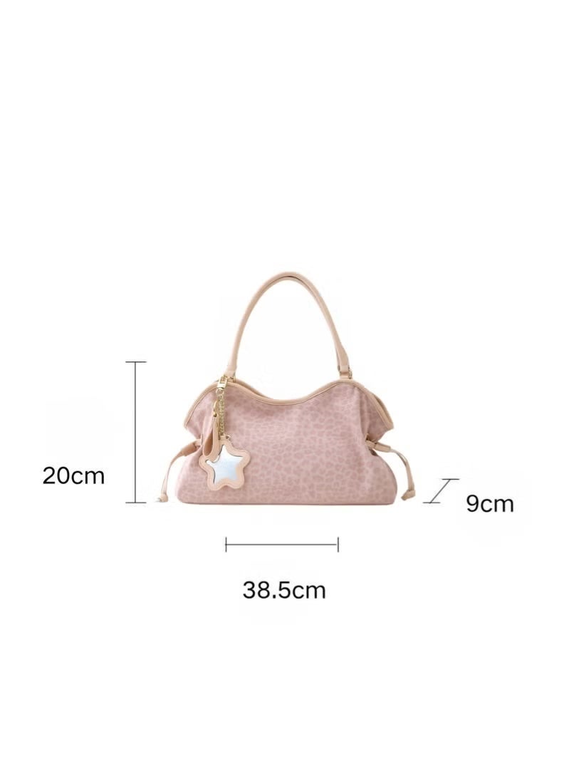 BubbleBum Badblue Pink Leopard Print Halfmoon Bag for Women – Cute Star Charm Shoulder Purse for Brunch, Date & Campus, Soft Suede Medium Tote with Top Handle - Image 3