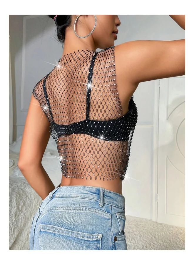 VEILLE Evening Dress, Women's Stone-Embellished Mesh Crop, Stone-Embellished Pareo Blouse, Chic Party Stone Crop, Beach Outfit.
