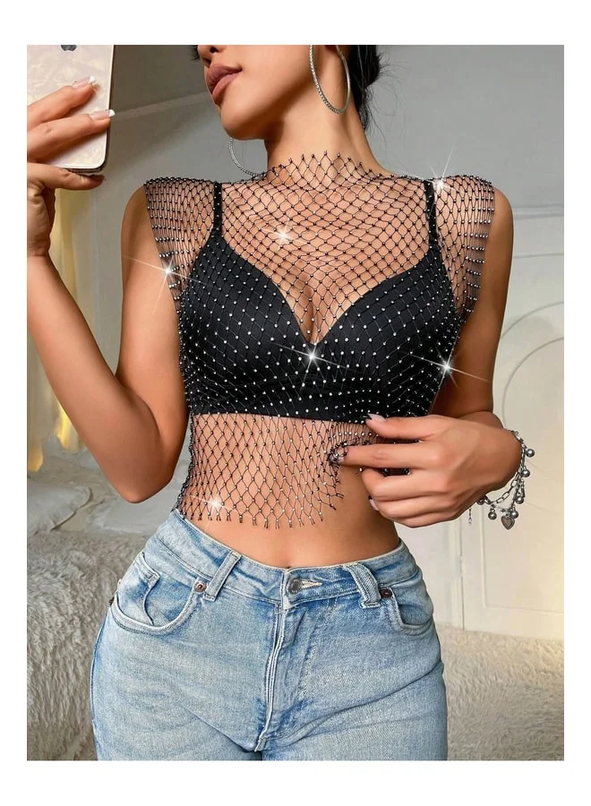 VEILLE Evening Dress, Women's Stone-Embellished Mesh Crop, Stone-Embellished Pareo Blouse, Chic Party Stone Crop, Beach Outfit.