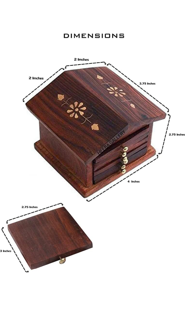 INUS Antique HUT Design Coasters Set of 6 for Tea Cups Coffee Mugs Beer Cans and Water Glasses (Authentic Handmade) - Sheesham Wood - Image 2